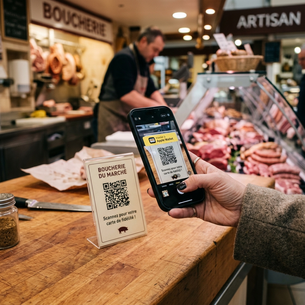 Client scannant le QR code sur le présentoir du comptoir d'une boucherie artisanale pour ajouter sa carte de fidélité au Wallet