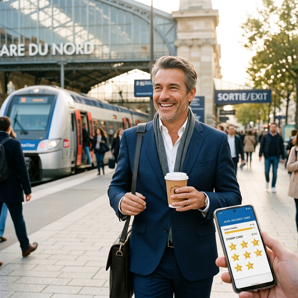 Jean-Jacques heureux avec son café sur le quai de la gare